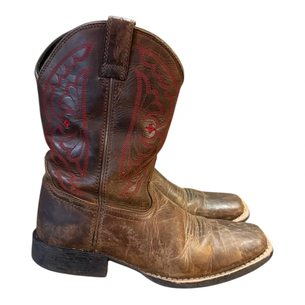 Ariat Quickdraw Leather Western Cowboy Boots Distressed Brown/Red Kids Size 3